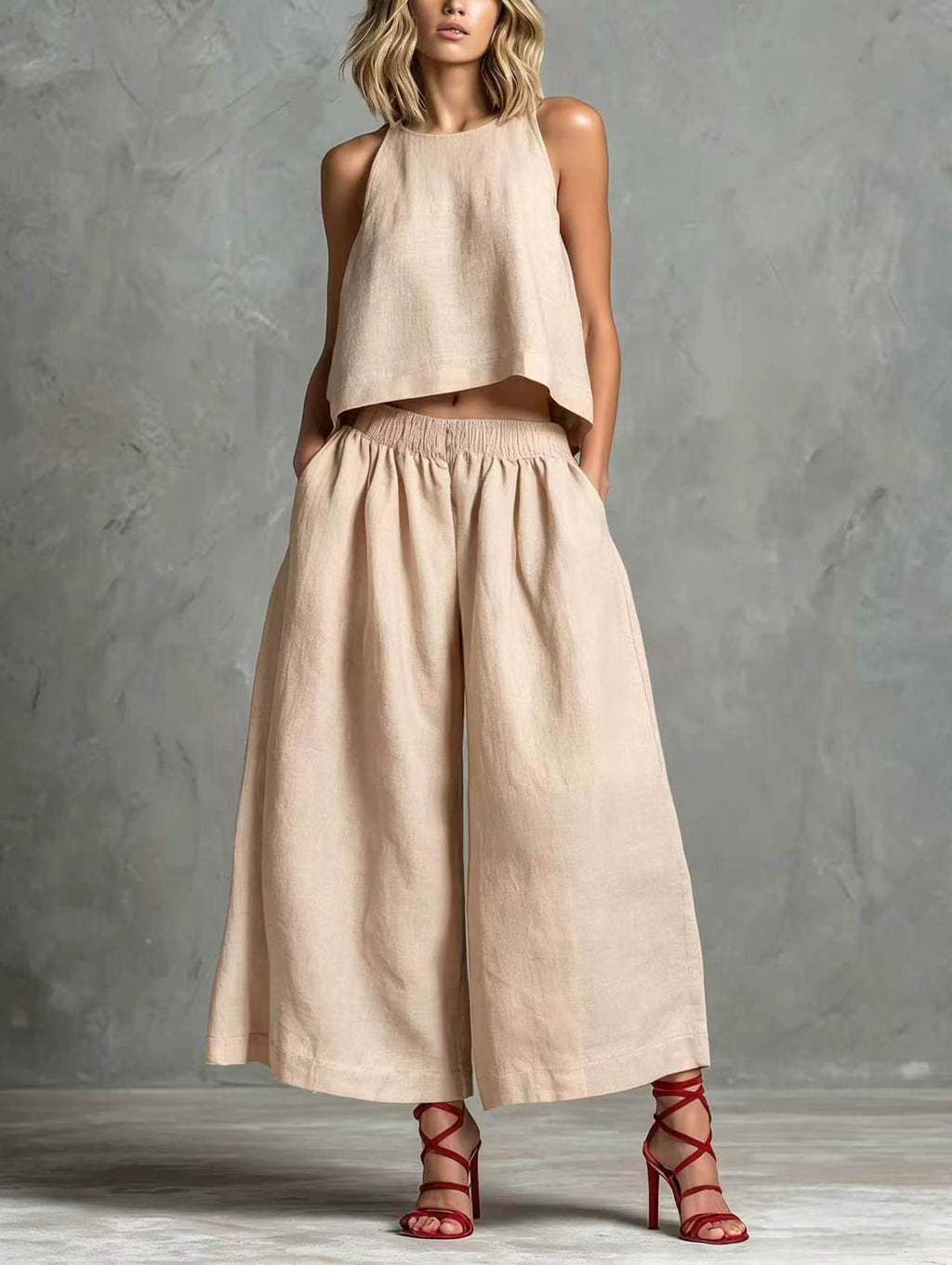 Loose Laid-back Linen Vest And Wide-leg Pants Set by Ricaloux