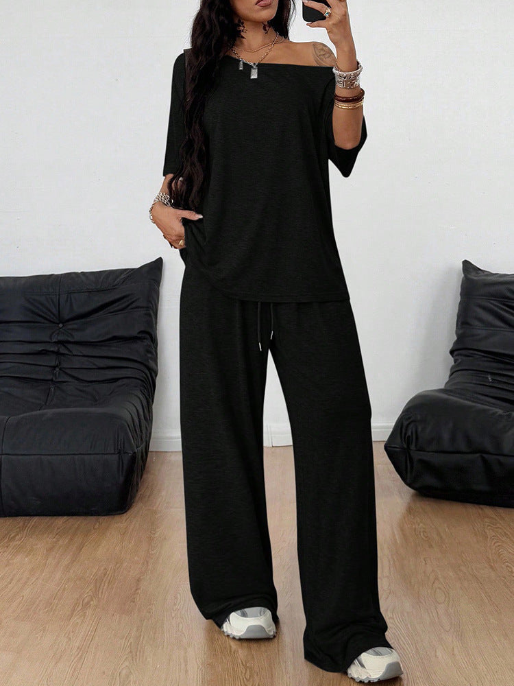 Casual 2 Pieces Set For Woman Two Piece Outfits Blusas T Shirt Tees Simple Style Homewear Loose Solid Color by Ricaloux