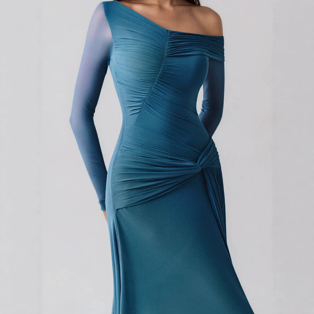 Asymmetrical One-Shoulder Sheer Mesh Mermaid Dress With Side-Twist Ruching And A Waist Cinch For Women – Premium 0 | RICALOUX