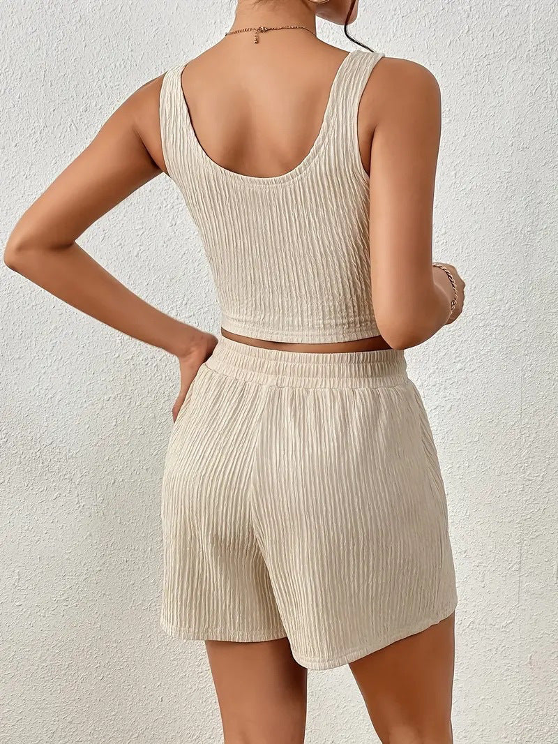 Women's Textured Sleeveless Crop Tank Top & Shorts Two Piece Set - Casual Loose Loungewear Set, Multiple Colors Available – Premium 4 | RICALOUX