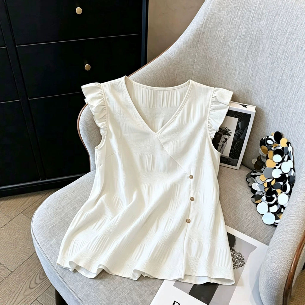 French-style V-neck, Fluttery Three-quarter Sleeves, Textured Top by Ricaloux