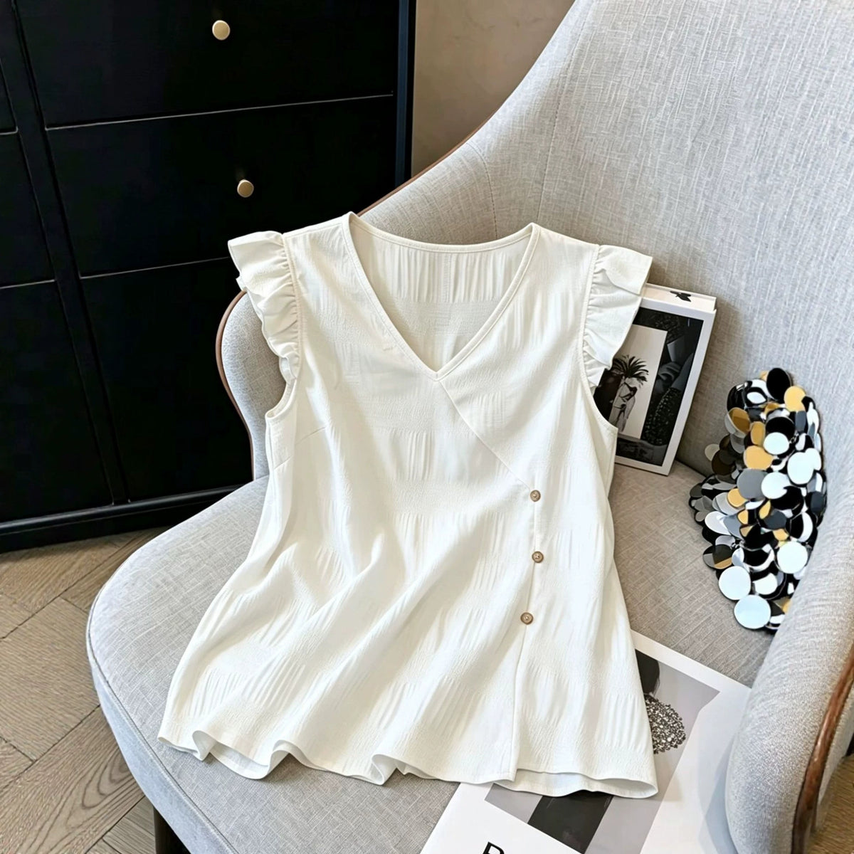 French-style V-neck, Fluttery Three-quarter Sleeves, Textured Top by Ricaloux