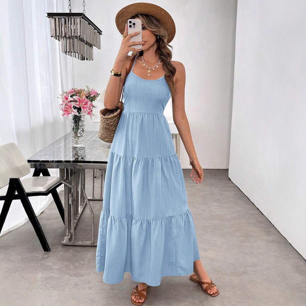 Backless Spaghetti-strap Tiered Maxi Dress With A Tie And A Large Bow At The Waist - RICALOUX