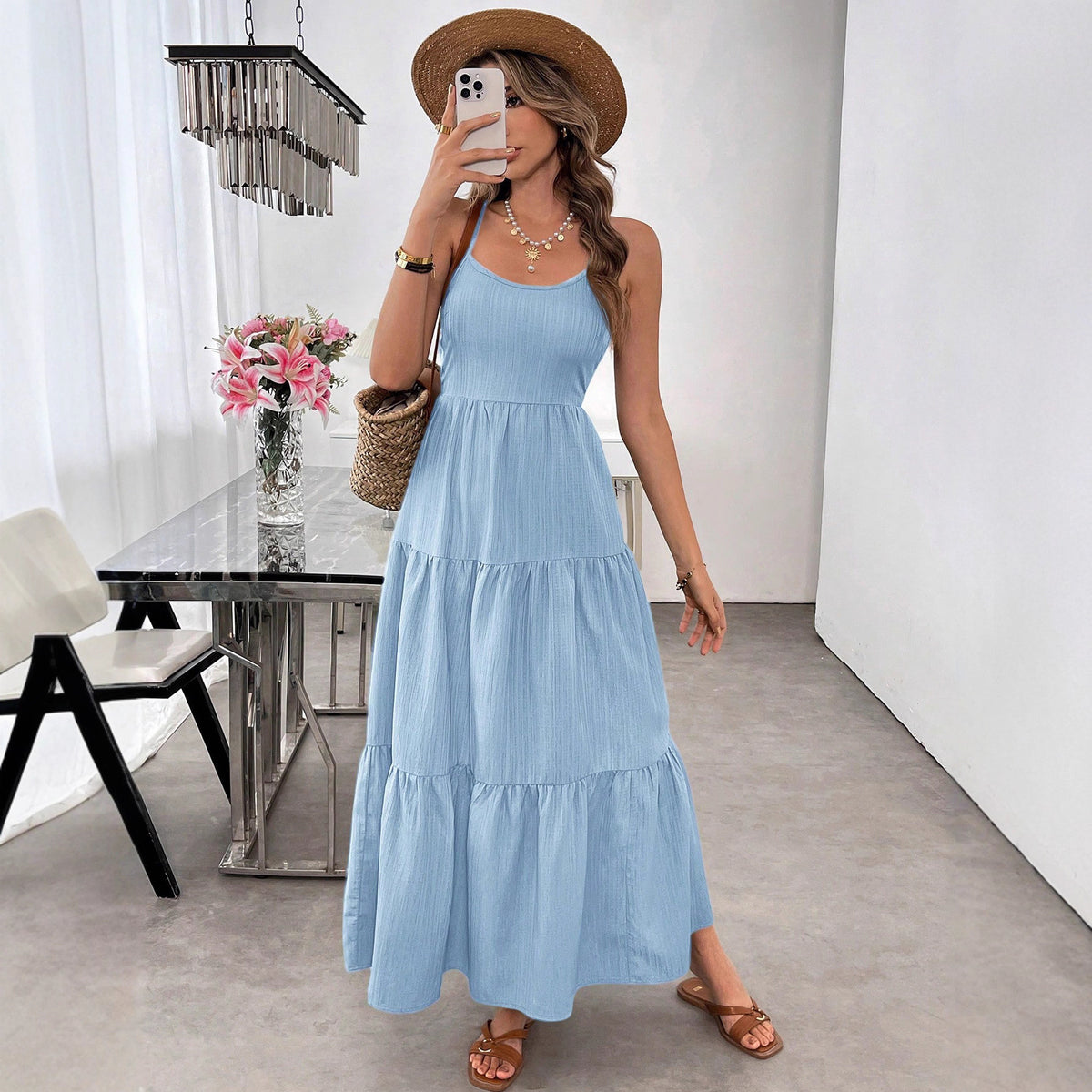 Backless Spaghetti-strap Tiered Maxi Dress With A Tie And A Large Bow At The Waist - RICALOUX