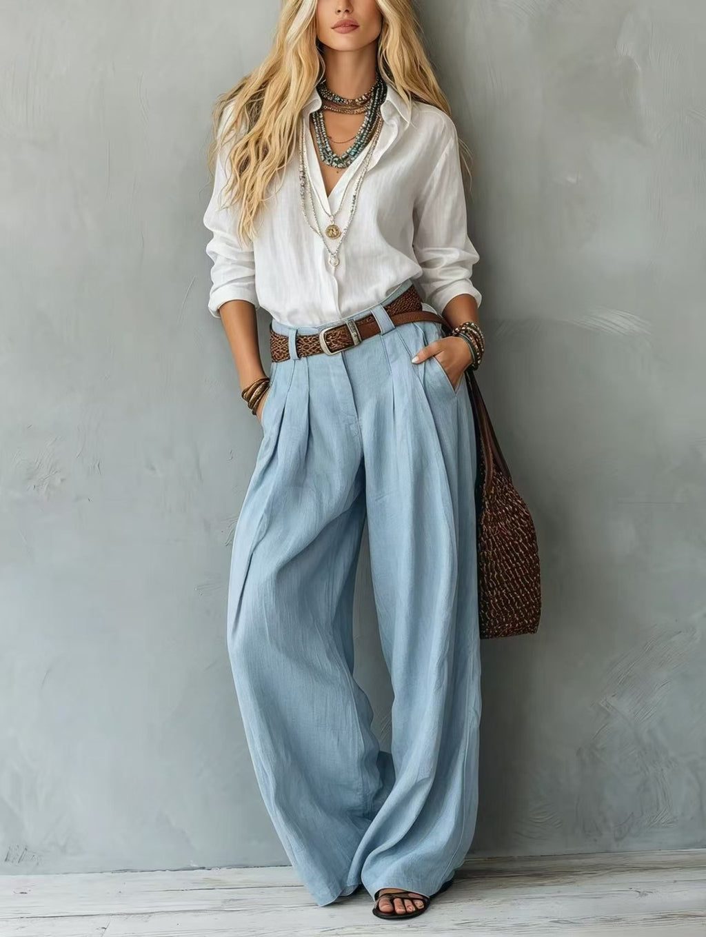 Womens Straight-Leg High-Waist Wide-Leg Pants And Blouse Set by Ricaloux