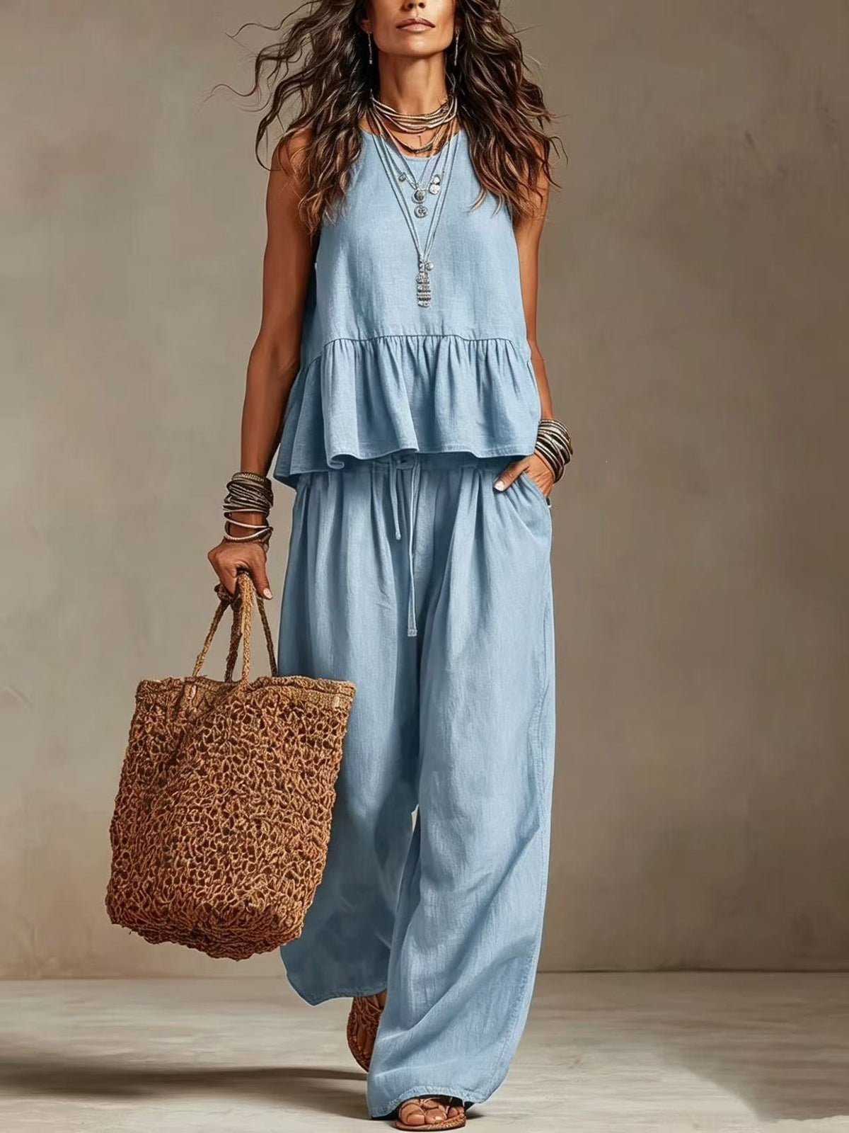 V-Neck Ruffle Hem Sleeveless Crop Top & High Waist Wide Leg Linen Pants Two Piece Outfit Set by Ricaloux