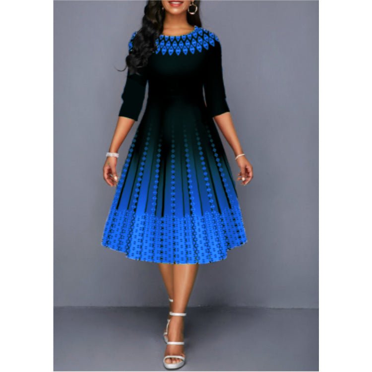 Women's Fashionable Printed Graceful Half Sleeve Waist Dress - RICALOUX