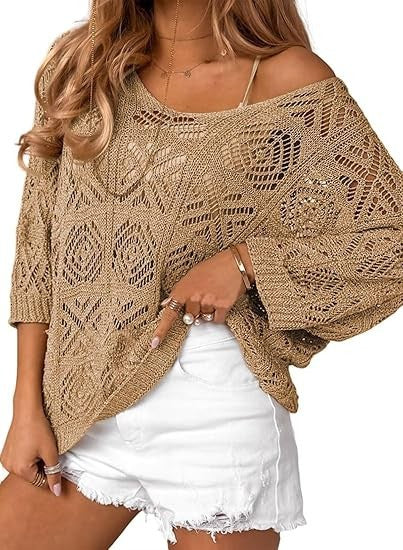 Crochet Hollowed-Out Three-Quarter-Sleeve Pullover Sweater – Premium 0 | RICALOUX