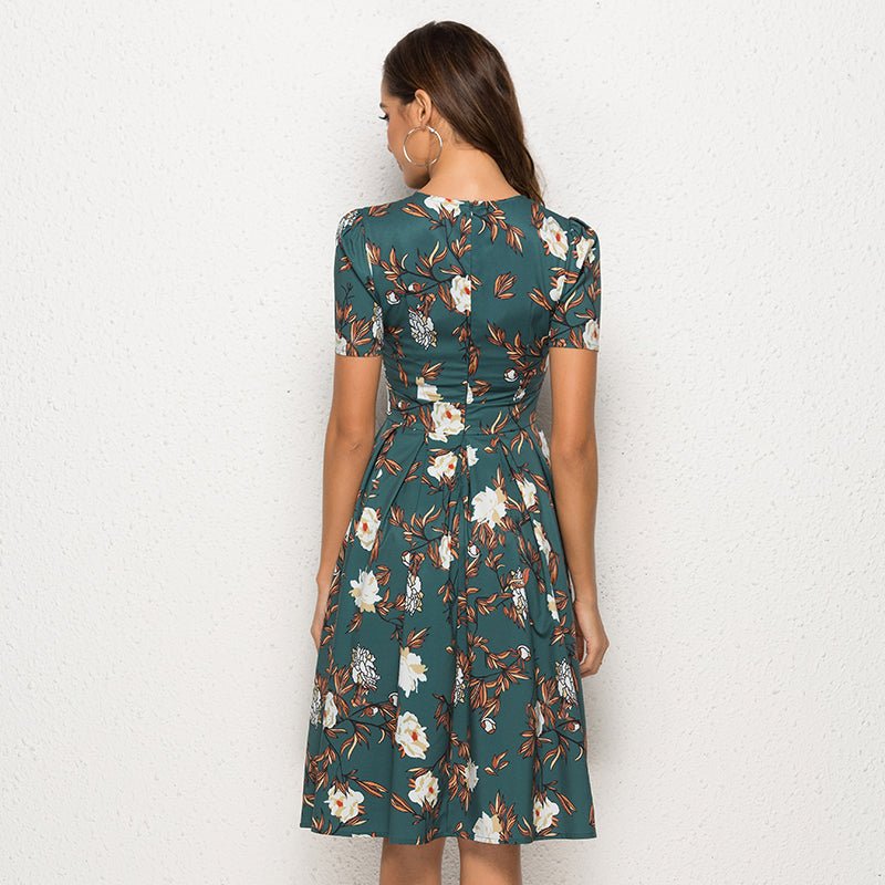 Women's green short sleeve floral dress - RICALOUX