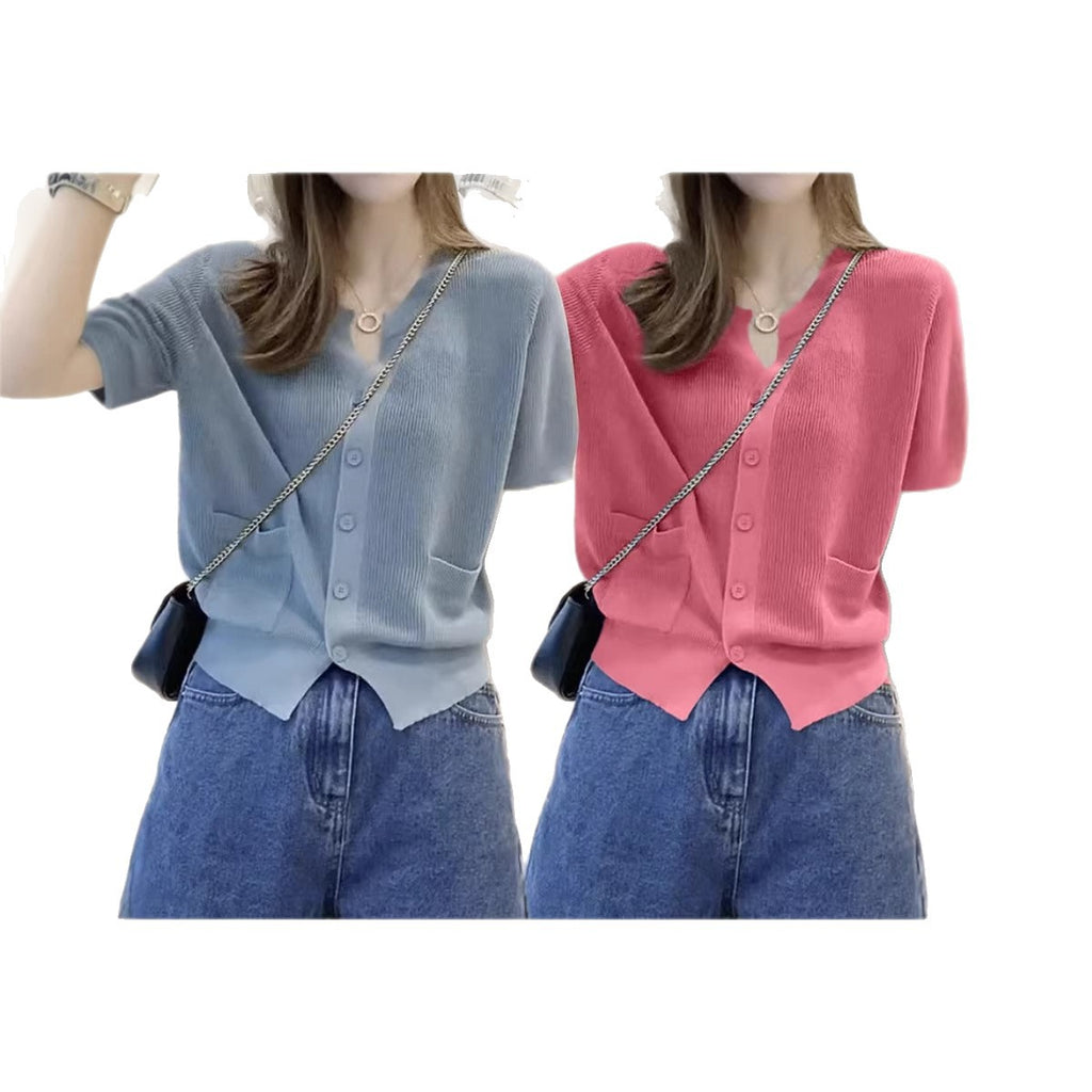 Womens Round-neck Blue Ice-silk Knitted T-shirt Top by Ricaloux