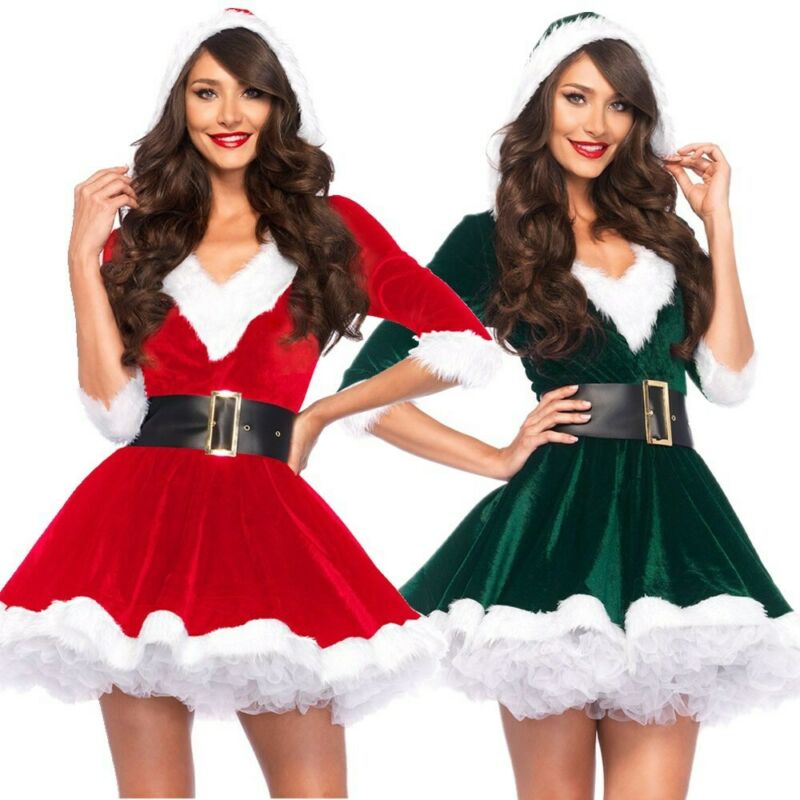 Women Christmas Dress Sexy Santa Claus Hoodie Cosplay Costumes Women Evening Party Clothes Winter Warm Dresses - RICALOUX