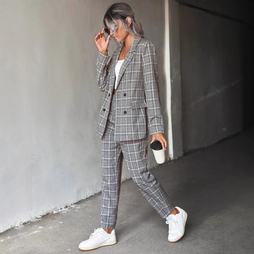 Versatile Casual Commuter Double-breasted Plaid Suit Set – Premium 0 | RICALOUX