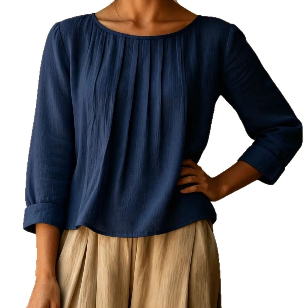 Womens Cotton-linen Top Loose-fit Round-neck Shirt – Premium 0 | RICALOUX