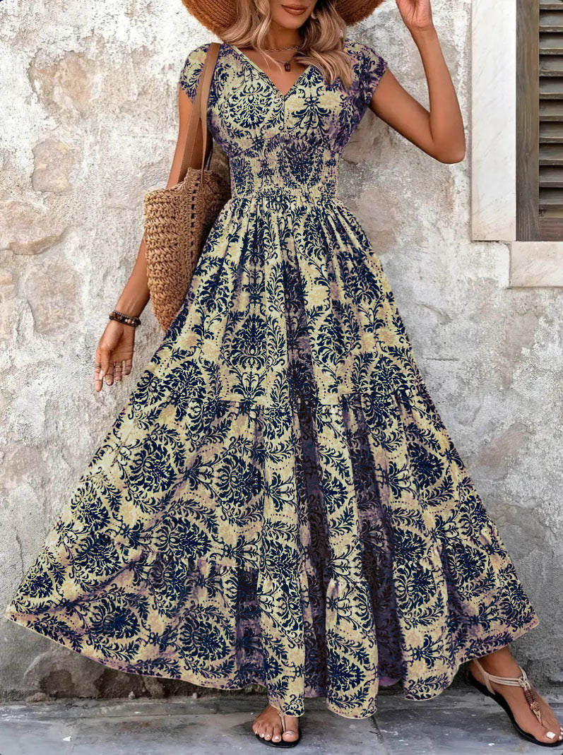 Vintage-print Dress Fashionable And Elegant V-neck Womens Wear – Premium 0 | RICALOUX
