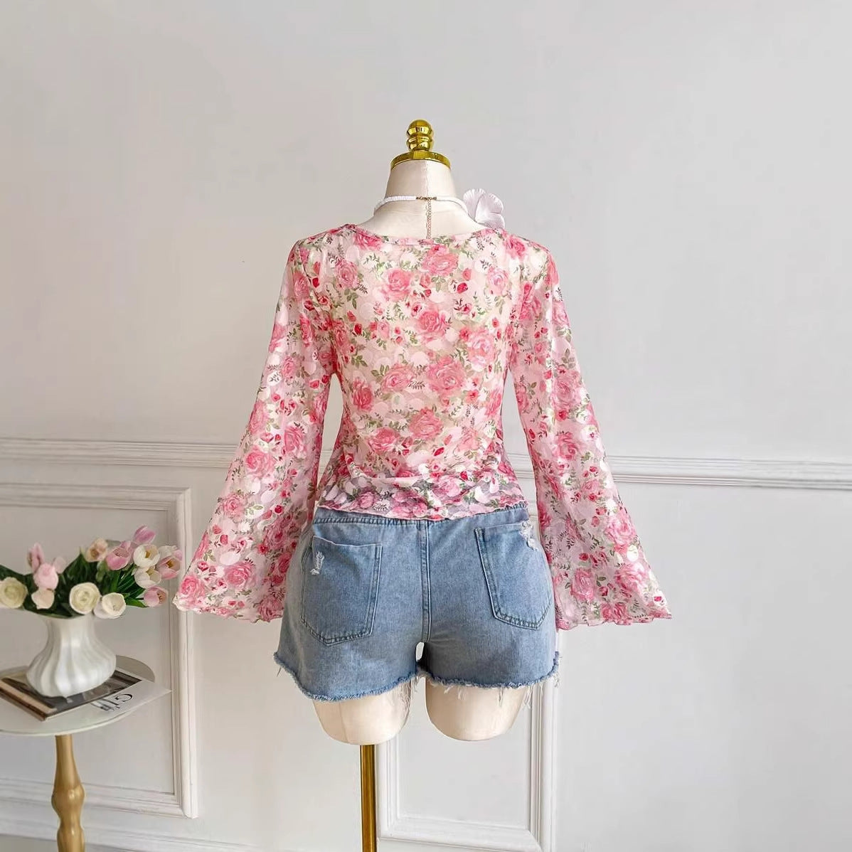 Lantern-sleeve Lace Floral Long-sleeve Top – Premium 0 | RICALOUX