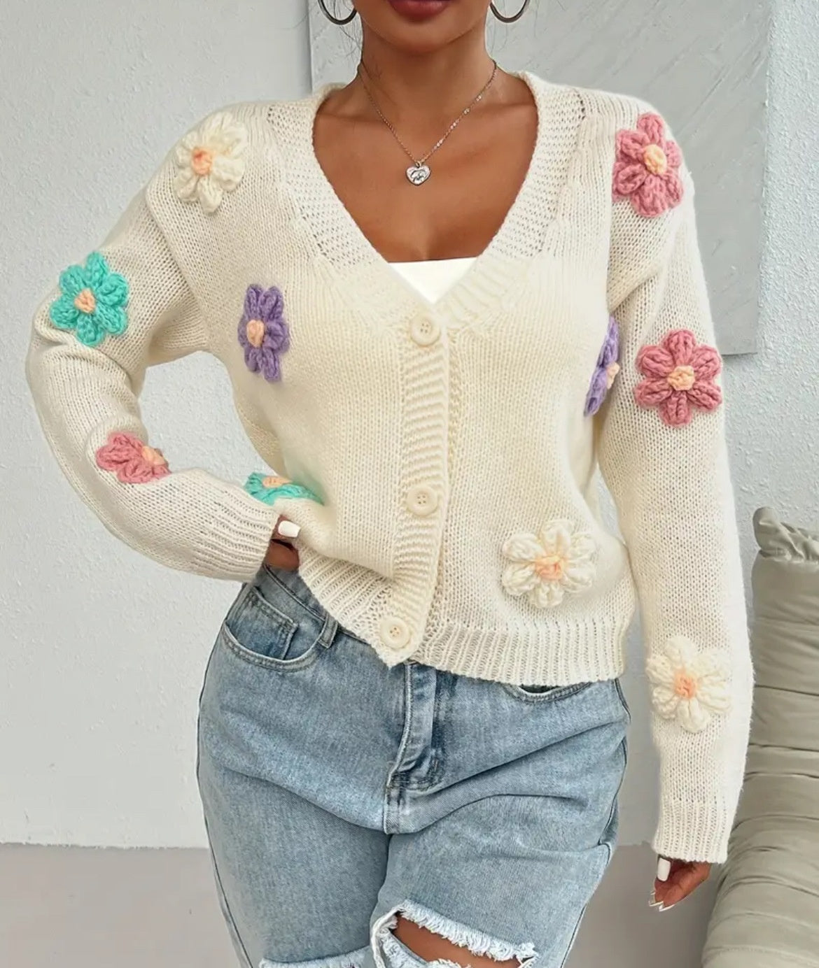 Womens Knitted Cardigan With Three-dimensional Floral Pattern And Hand-embroidered Flowers by Ricaloux