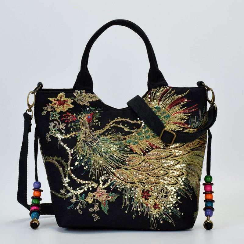 Canvas peacock embroidery small handbag - RICALOUX