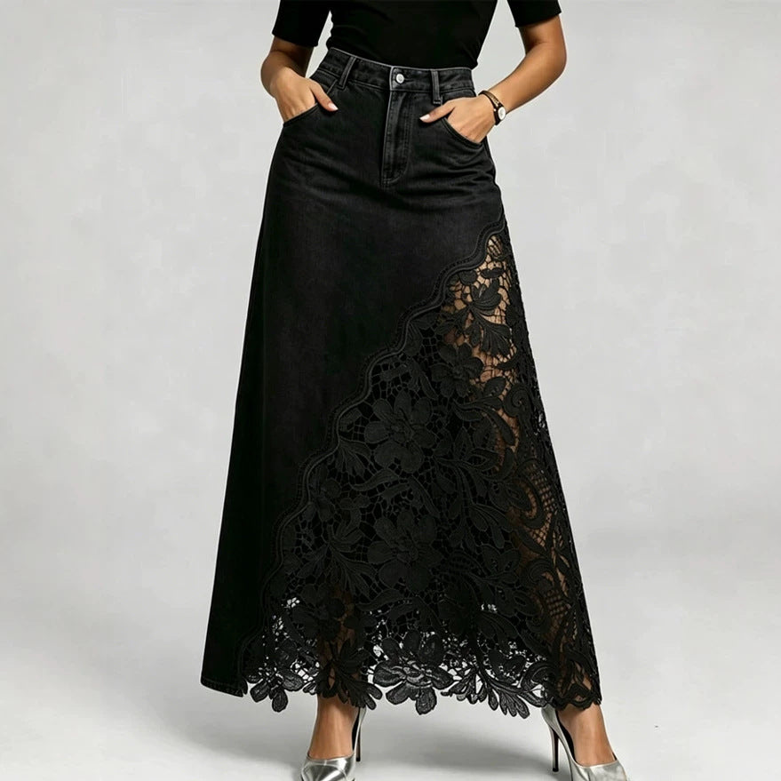 Washed Denim Lace-Panel Long Bodycon Skirt by Ricaloux