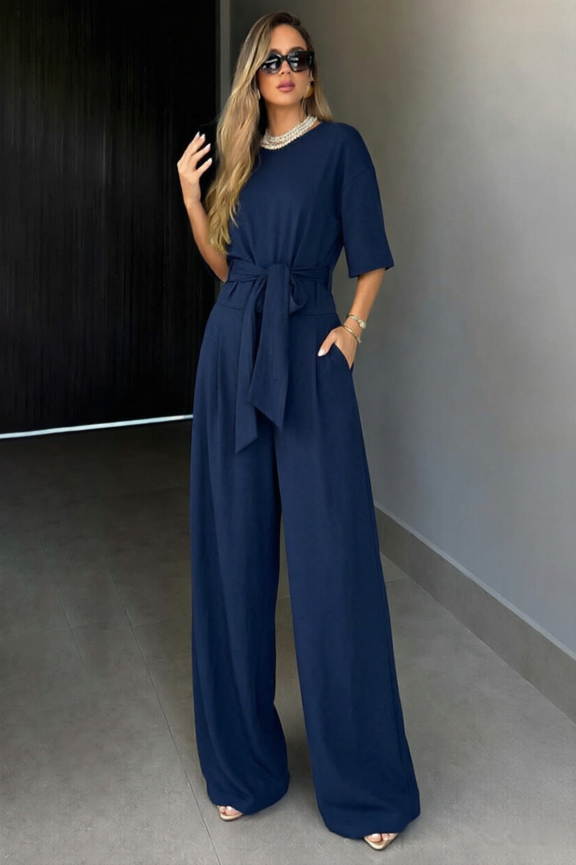 Round-neck Short-sleeve Top And Loose Wide-leg Pants Set – Premium 0 | RICALOUX