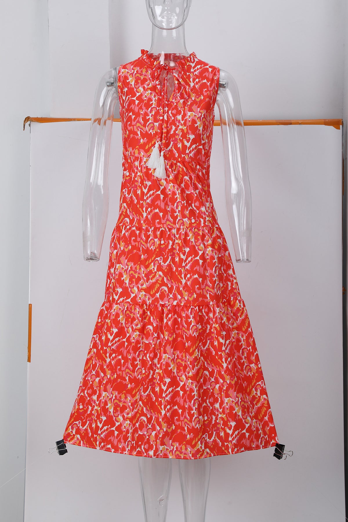 Sleeveless V-neck Tassel Abstract-print Dress by Ricaloux