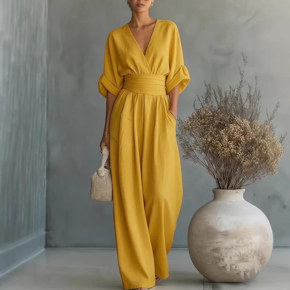 Elegant Deep V Neck Waist Wrap Sleeve Wide Leg Floor Length Jumpsuit – Premium 4 | RICALOUX
