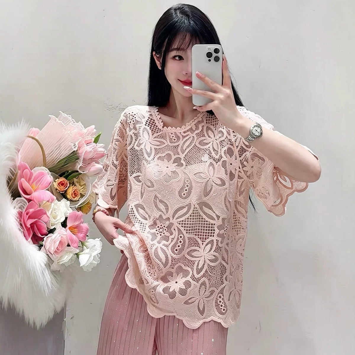 Design-focused Round-neck Lace Chanel-style Womens Top by Ricaloux