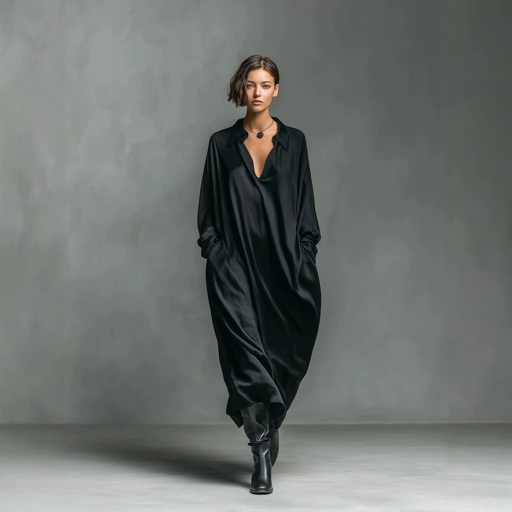 Solid-color Satin Long-sleeve Shirt Dress by Ricaloux