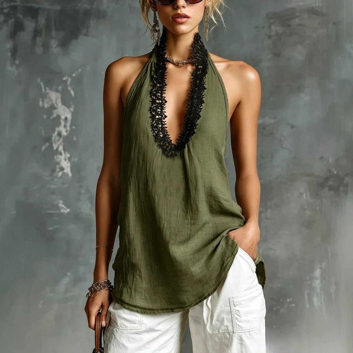 V-neck Sleeveless Halter Lace-trimmed Cotton-linen Vest by Ricaloux