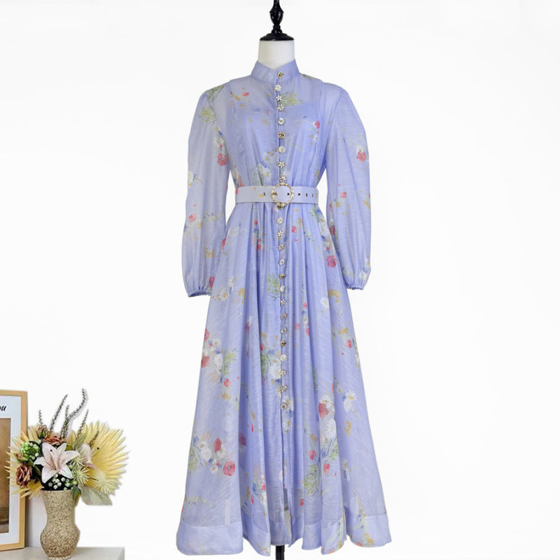 Stand-collar Single-breasted Dress With Puff Sleeves A Fitted Waist – Premium 0 | RICALOUX