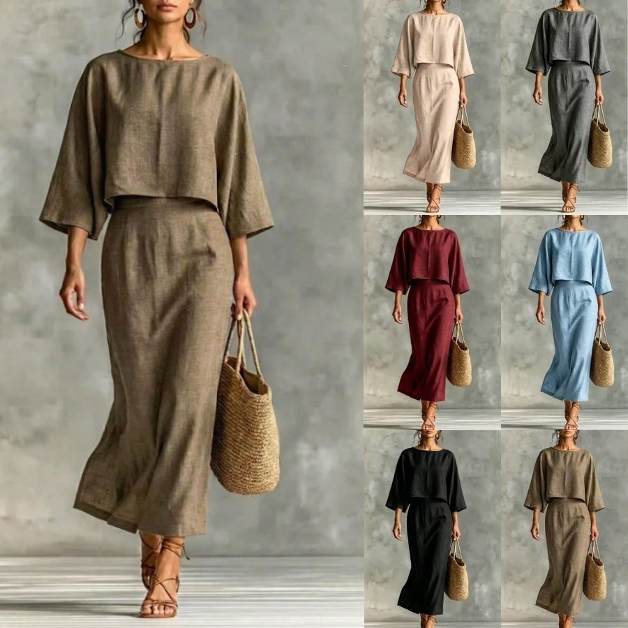 High Waisted Long Skirt Set With A Round Neck Three Quarter Sleeved Loose Fitting Womens Top by Ricaloux