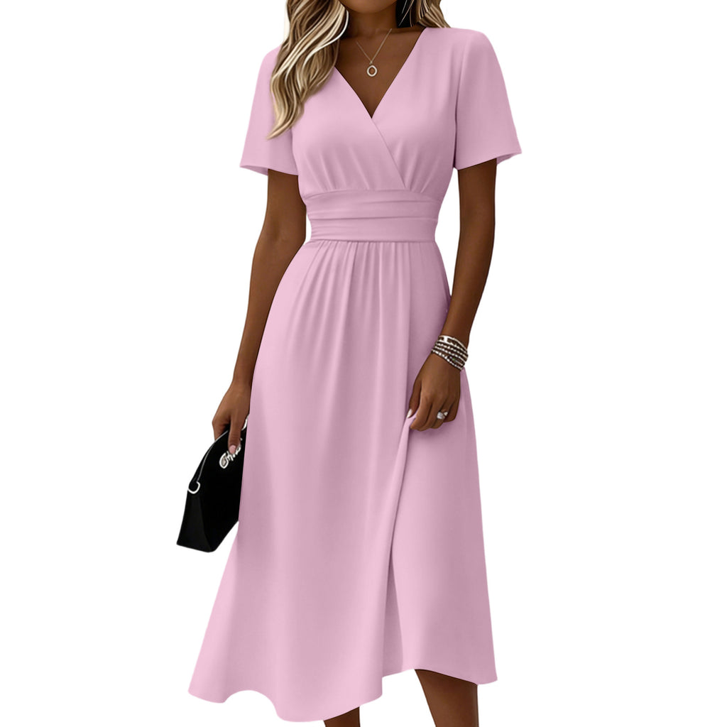 Womens Solid-Color Casual Short-Sleeve V-Neck Dress by Ricaloux