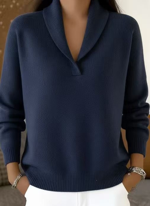 Fashionable Solid-color V-neck Long-sleeve Loose-fit Pullover by Ricaloux