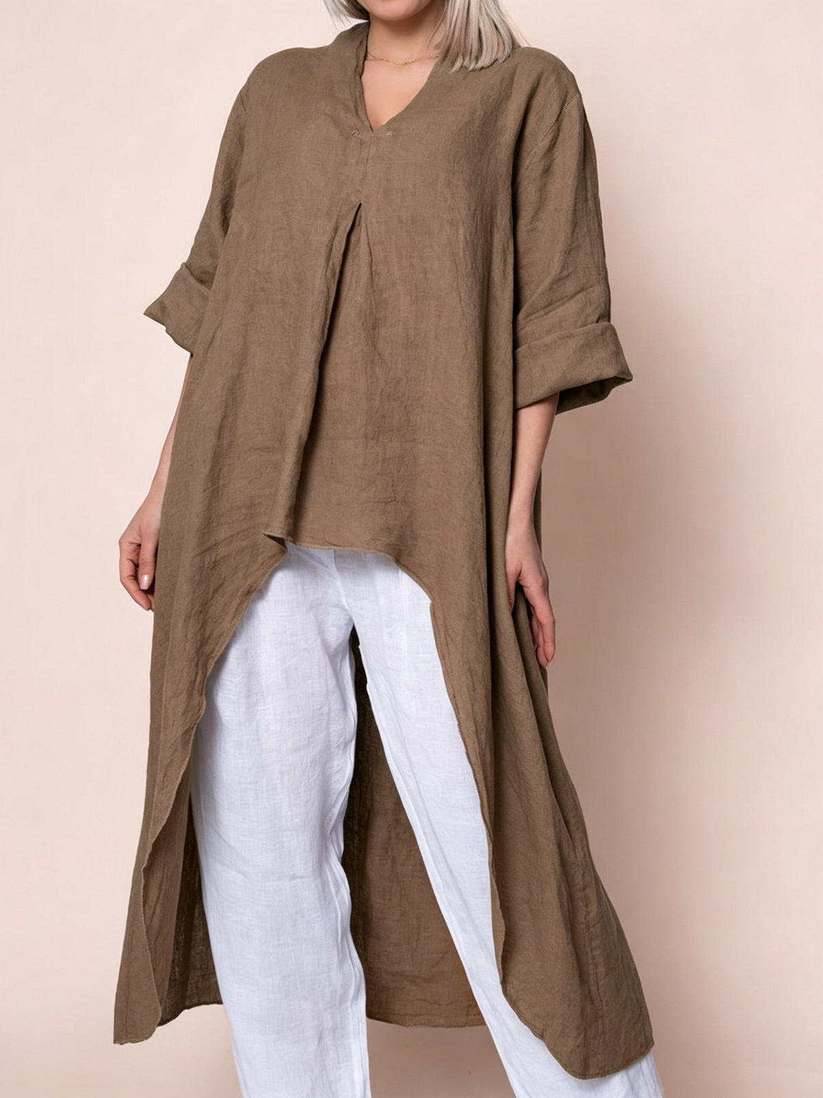 Womens Solid-Color V-Neck Asymmetric Long-Sleeve Shirt – Premium 0 | RICALOUX