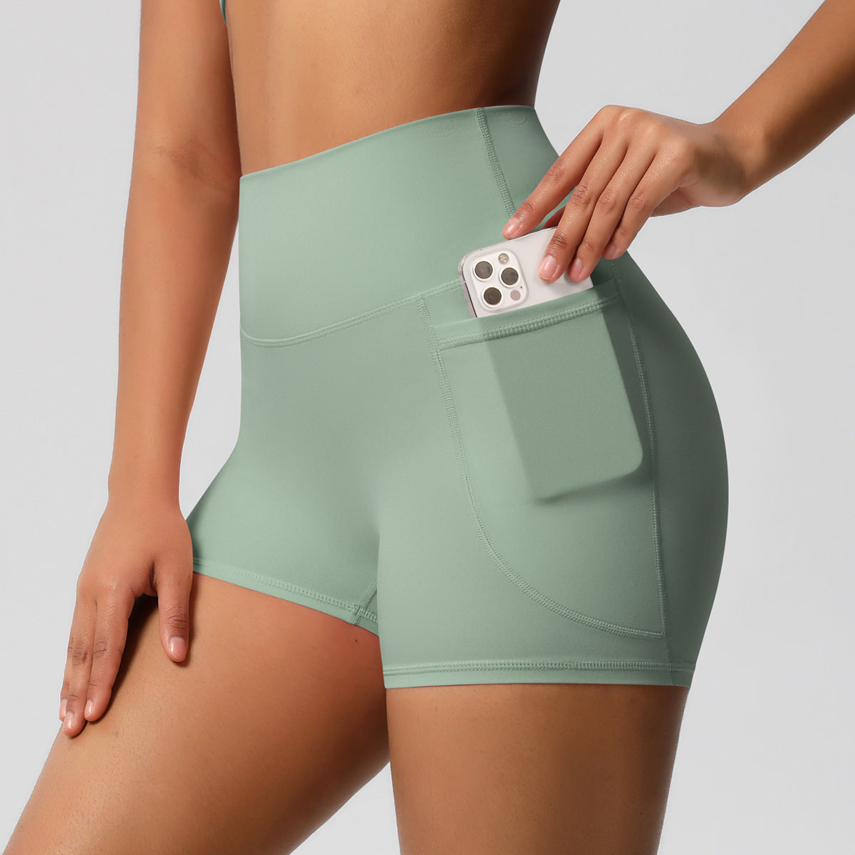 Brushed Solid Color Pocket High Waist Tight High Elastic Yoga Shorts – Premium 0 | RICALOUX