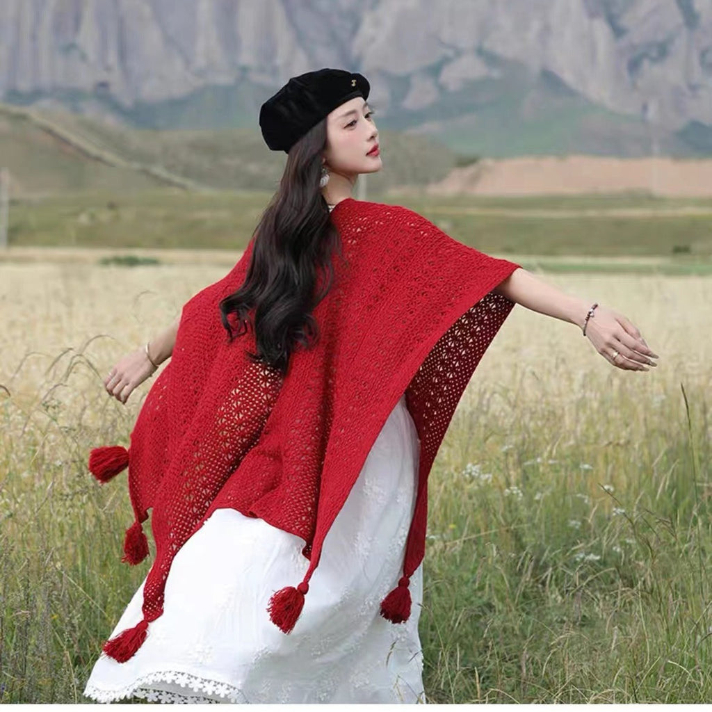 Womens Knitted Tassel-Trimmed Open-Front Cape For Photos – Premium 0 | RICALOUX