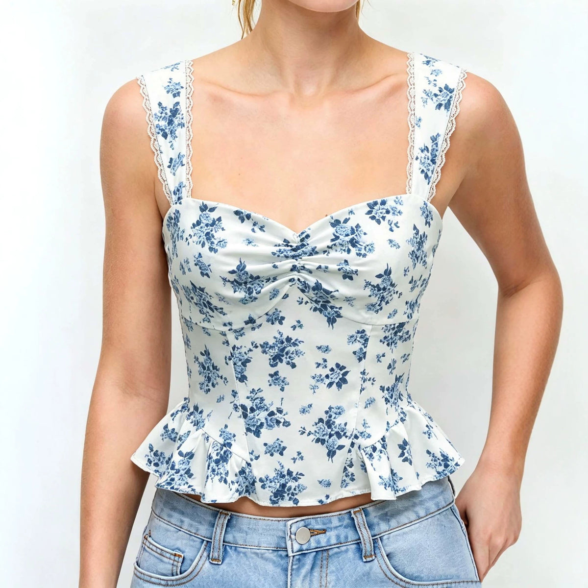 Summer New White-base Top With Blue Floral Print Strapless Style by Ricaloux