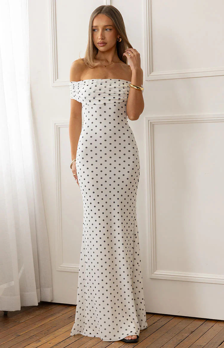 Fashionable Polka-dot Mesh Off-shoulder Backless Dress – Premium 0 | RICALOUX