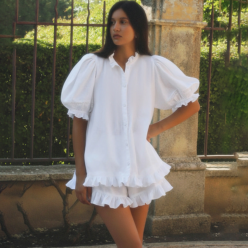 Womens Cardigan Top With Ruffled Hem And Shorts Set by Ricaloux