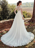 High U-neck Lace Long Sleeve A- Line Long Tail Simple Wedding Dress - RICALOUX