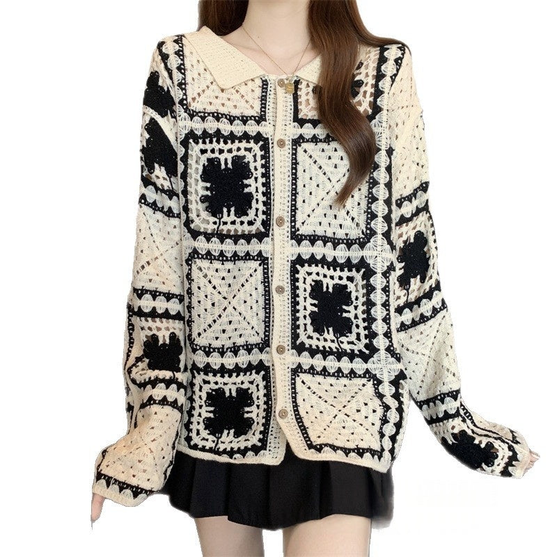 French-style Elegant Crocheted Floral Plaid Cardigan With A Lapel by Ricaloux