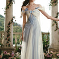 Forest-style Elfin Blue-and-white Gradient Long Dress Off-shoulder Design by Ricaloux