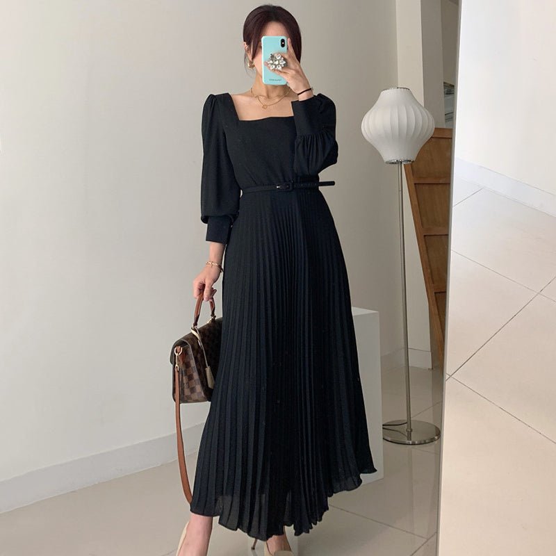 Square Collar Slim Waist Lantern Sleeve Long Pleated Dress - RICALOUX