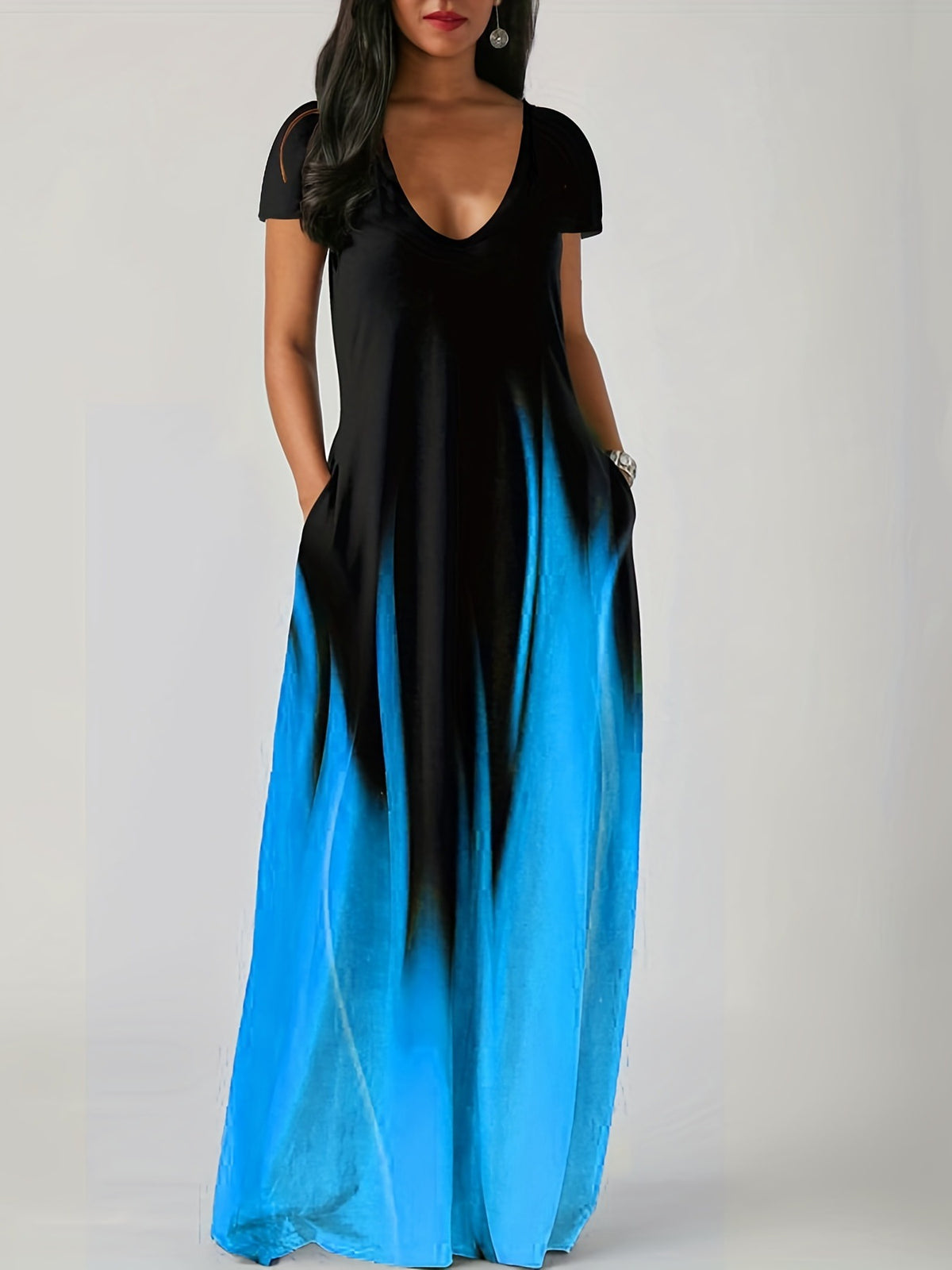 Women's Ombre Gradient Short Sleeve Maxi Dress With Pockets Casual V-Neck Loose Fit Long Dress For Summer – Premium 4 | RICALOUX
