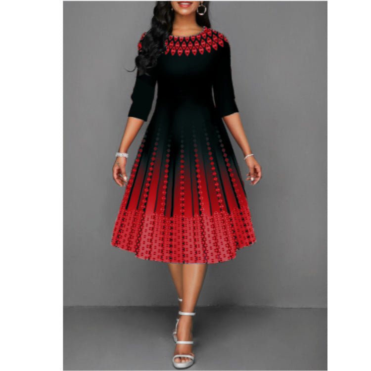 Women's Fashionable Printed Graceful Half Sleeve Waist Dress - RICALOUX