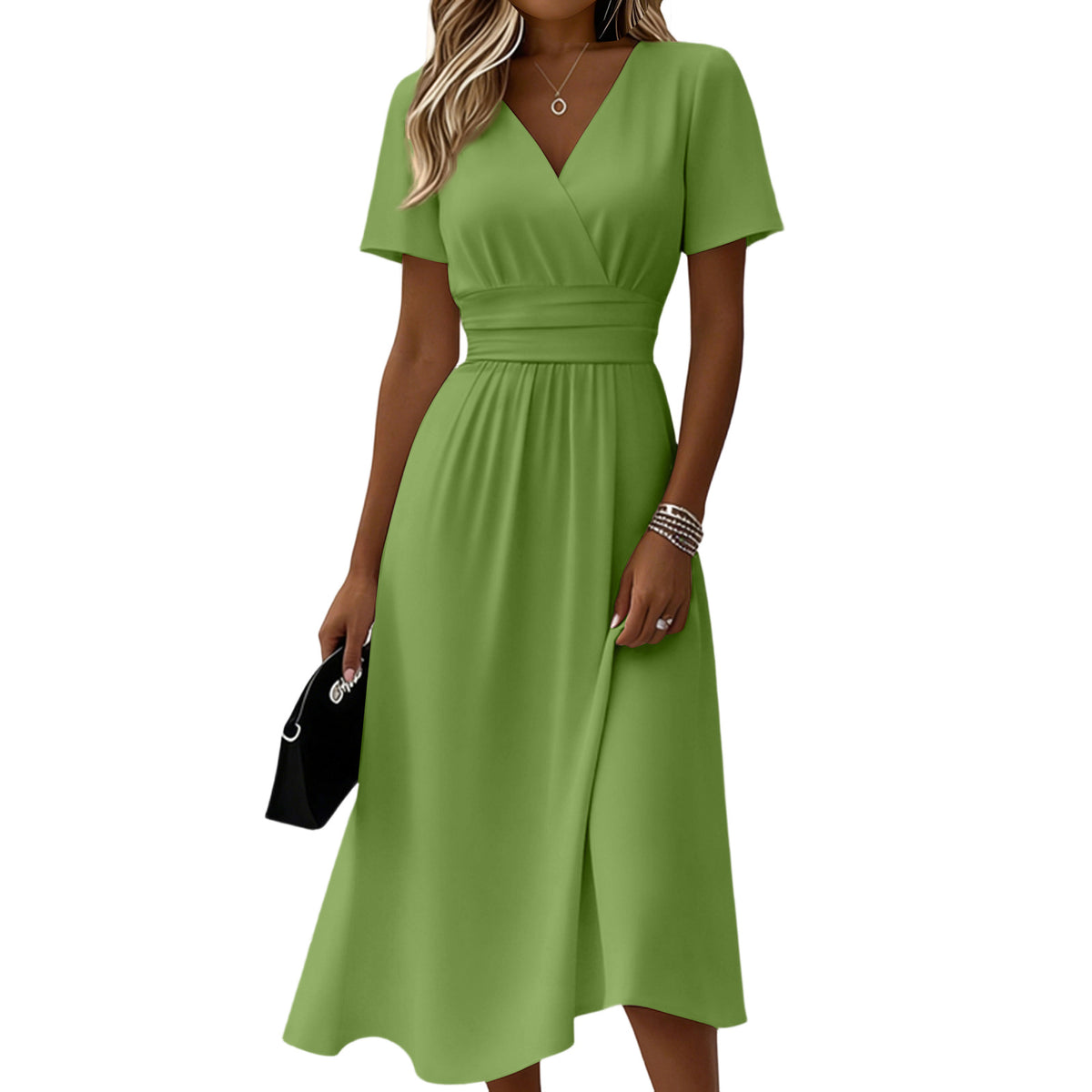 Womens Solid-Color Casual Short-Sleeve V-Neck Dress by Ricaloux