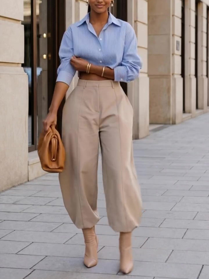 Light Blue Striped Cropped Button-Down Shirt by Ricaloux