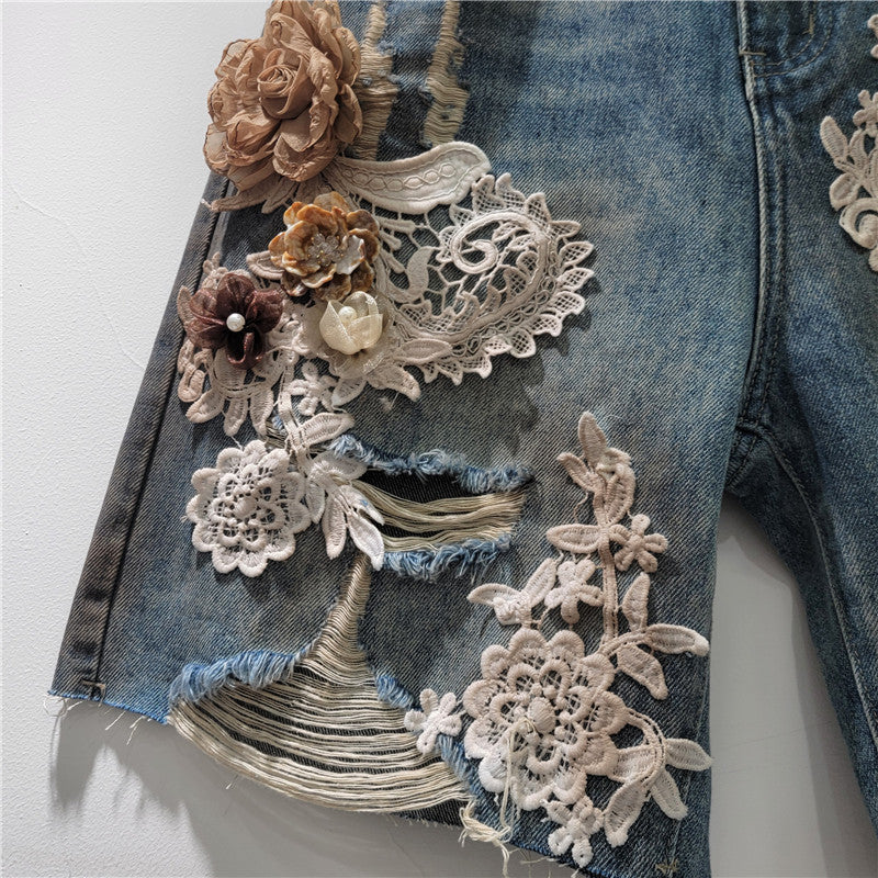 Lace-floral Patchwork, Brushed-texture Distressed Denim Shorts With Rhinestones And A Back Elastic Waist by Ricaloux