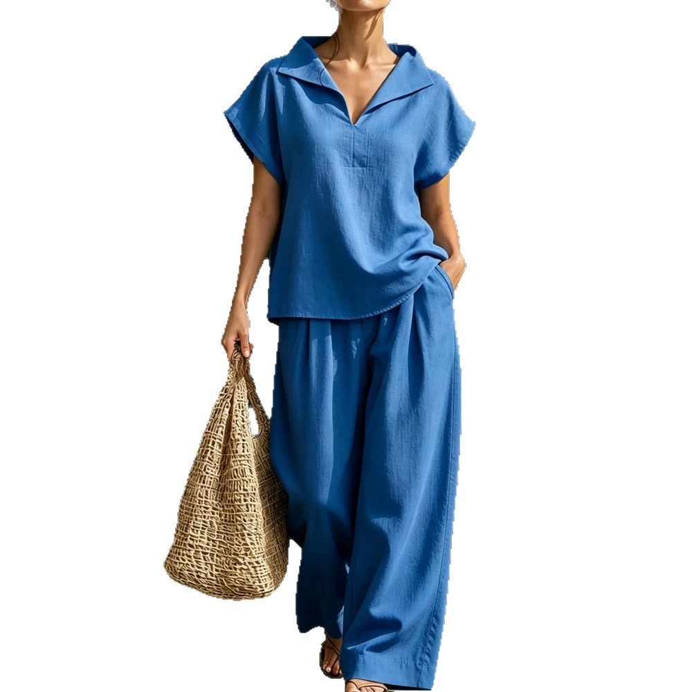 Womens Casual V-Neck Pullover Short-Sleeve Pants Set by Ricaloux