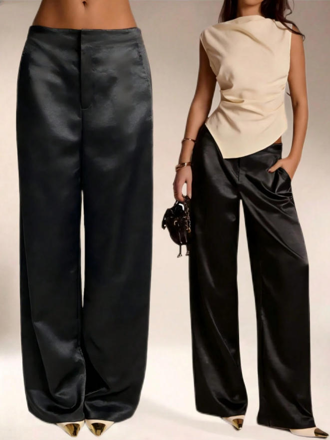 Womens Casual Solid-color Satin Wide-leg Pants by Ricaloux