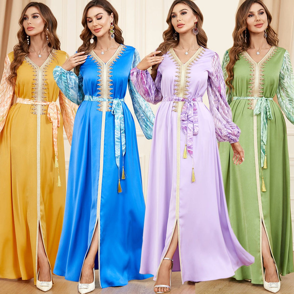 Patchwork Puff Sleeve Long Sleeve Arabic Dress - RICALOUX